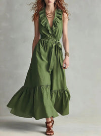 V-neck Sleeveless Lace-Up Panelled Dress