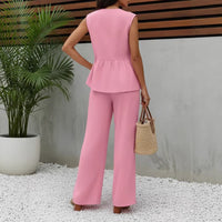 Womens Casual V-neck Top And Wide-leg Pants Two-piece Set
