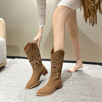 Embroidered Western Cowboy Boots With Chunky Heels And V Neck Cutout Knight Boots