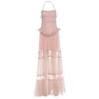 Womens Lace Jacquard Patchwork Long Halter Dress