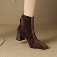 European And American-style Square-toe Chunky-heel Horsehair Short Boots In Winter Sheepskin
