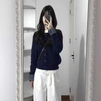 Navy Blue Knitted Women's Plaid Stitching Single-breasted Sweater