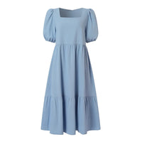 Halter-neck Pleated Short Sleeve Cotton-linen Dress