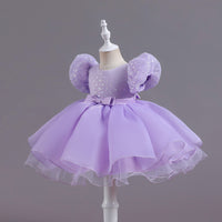 Sequined Puff Sleeve Lace Mesh Bubble Skirt Dance Performance Dress