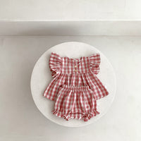 Cotton Thin Plaid Short Sleeve Shorts Suit Girls