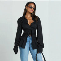 Womens Stylish Elegant Lapel Blouse With Pleated Details And Long Sleeves