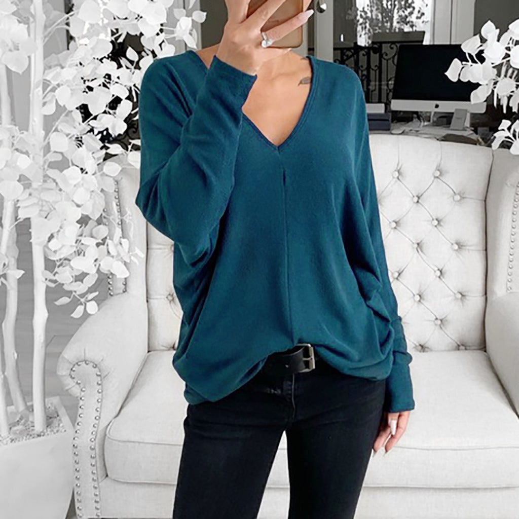 V-neck Lapsed Sleeves Loose Long-sleeved Top T-shirt For Women