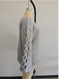 Women's Solid Color Round Neck Long Sleeve Hollow Sweater