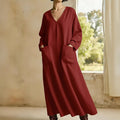 Casual Solid-Colored V-Neck Pocket Long-Sleeve Cotton-Linen Dress