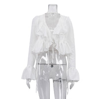 Womens Ruffled Flare-Sleeve Lace-Up Top Shirt