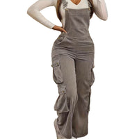 Womens Retro Casual Jumpsuit With Multiple Pockets