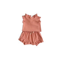 Summer Girls' Suit Rib Overall Dress Set Cotton Infant Flounced Sleeve Baby Girls' T-shirt Shorts Two-piece Suit