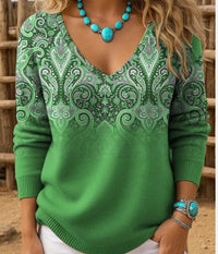 Womens Retro-Print V-Neck Long-Sleeve T-Shirt Top