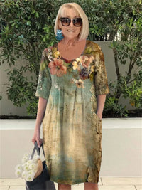 Floral Art Casual Mid-Length Pocket Dress
