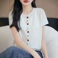 Women's Crew-Neck Knitted Cardigan Vest With Colorful Buttons