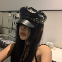 Girly-style Niche Leather-buckle Beret For Women Leather Octagonal Cap