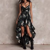 Womens V-Neck Fitted Waist High-Slit Maxi Fashionable Vacation Dress