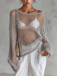 Long-sleeve Sexy Hollow-out Beach Cover-up Sheer Versatile Knit Top