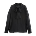 European And American Fall Women's Clothing New Loose Black Bow Collar Long Sleeve Shirt