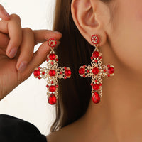1 Pair Gothic Vintage Black Crystal Cross Drop Earrings, Punk Style Zinc Alloy Jewelry