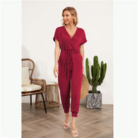 Cross V-Neck Short Sleeve Tie Pocket Casual Jumpsuit