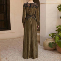 Round-neck Lace-panelled Waist-cinching Green Elegant Maxi Dress