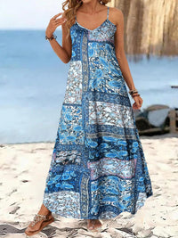 Resort-Style Printed Casual V-Neck Slip Dress With Straps