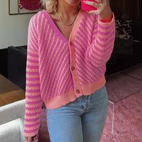 Patchwork Stripes V-neck Loose All-match Women's Cardigan Sweater