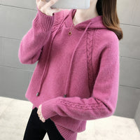 Women's Solid Color Loose Pullover Long Sleeve Hooded Knitted Sweater