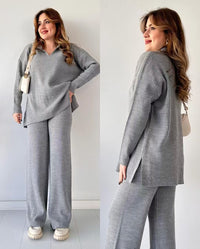 AutumnWinter New Style Fashion Solid Color Loose Hem Split Knit Sweater Two-Piece Set For Women
