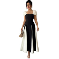French-style Sophisticated Gown Black-and-white Contrast Patchwork Off-shoulder Dress