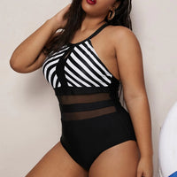 Backless Striped Stitching One-piece Swimsuit Women's Plus Size Swimsuit