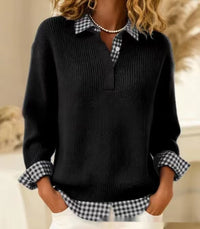 Womens Patchwork Sweater With A Shirt Collar For A Casual Fashionable Look