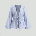 European And American Style Striped Long-sleeve Tie-waist Women's Shirt