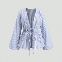 European And American Style Striped Long-sleeve Tie-waist Women's Shirt