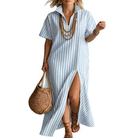 Womens V-neck Short-sleeve Striped Slit Cotton-Linen Dress