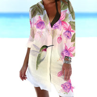 3D Casual Women's Clothing Bird-and-flower Painting Printed Beach Vacation Blouse