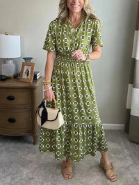 V-Neck Fashionable Elegant Stretch Waistline Polka-Dot Printed Maxi Dress