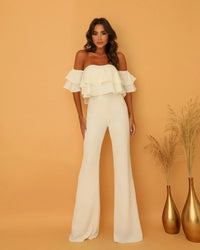 European And American Women's Clothing Collar Ruffled Solid Color Jumpsuit