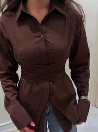 Dark Brown Long-Sleeve Cross-Tie Waist-Cinched Shirt