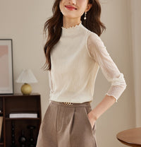 Textured Lace Base Layer Top Fashionable Fringed Mock Turtleneck Trendy Long-sleeve T-shirt For Layering