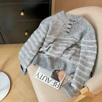 Women's Horn Button Striped Loose Preppy Style Sweater