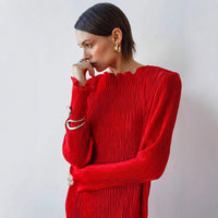 Solid-color Crew-neck Split-fit Long Dress