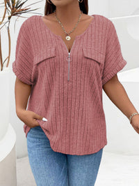 Solid-color Plus-size Top With Zipper Short Sleeves And Faux Pockets