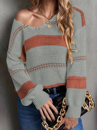 V-collar Contrast Color Striped Knitted Pullover Sweater