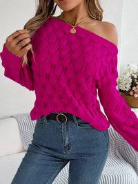 Women Casual Feather Hollow Out Off-Shoulder Lantern Sleeve Sweater