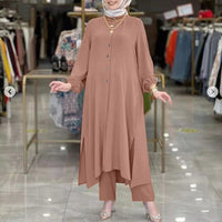 Womens Ice Silk Wrinkle-Effect Loose Solid-Colored Split Collar Shirt And Pants Set