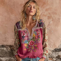 Printed V-neck Womens Long-sleeve Top