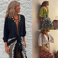 Women's Casual Lace Up 34 Sleeve Loose Vacation Multi-color Shirt