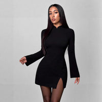New Womens Solid-Colored Flared Long-Sleeve Dress
